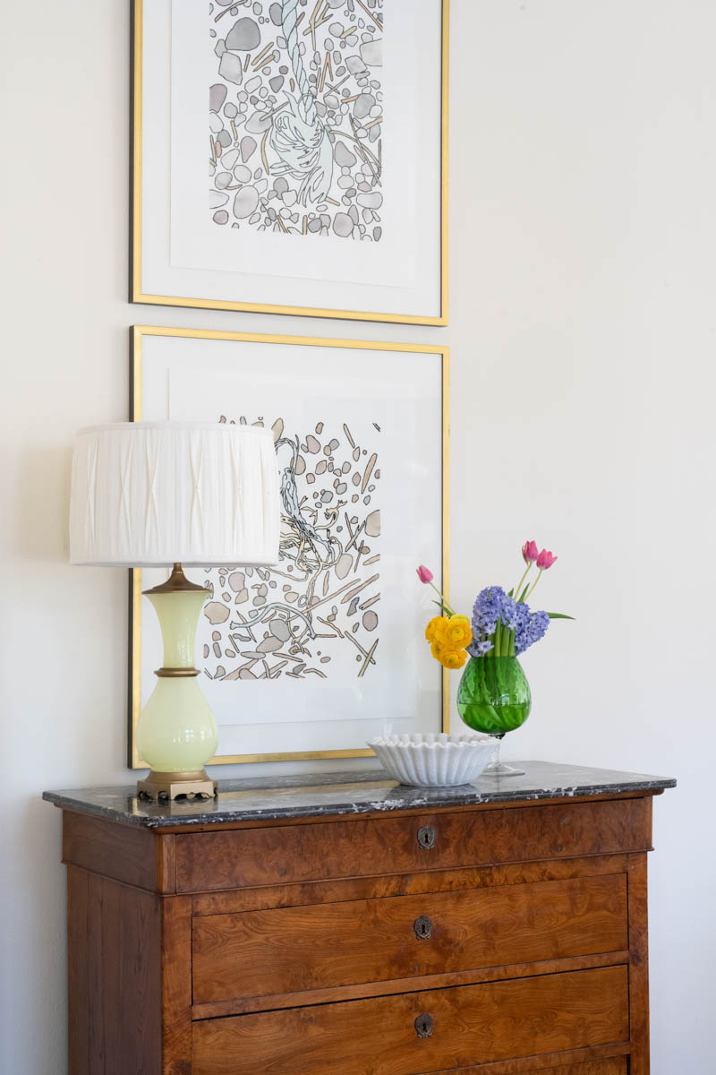 blue print interiors chest, lamp and art