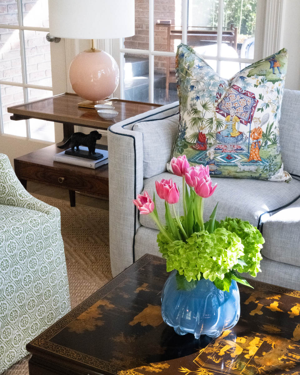 blue print interiors sofa and floral detail